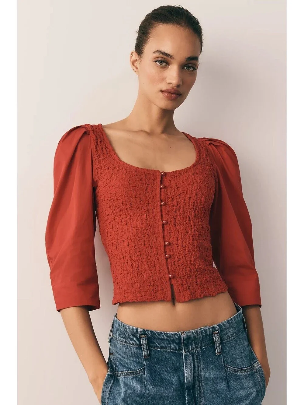 NWT By Anthropologie Smocked Blouse Cherry Red Womens Size Medium Preppy Buttons